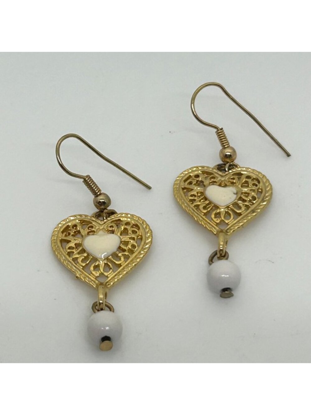 Gold-Tone Heart Drop Earrings With White Accents Filigree Design Valentine